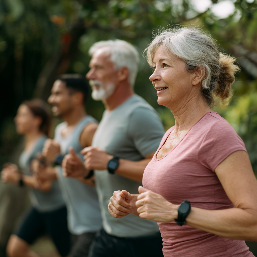 Group of smiling middle-aged Ukrainian adults in comfortable workout clothes doing gentle stretching exercises in a bright, modern fitness space