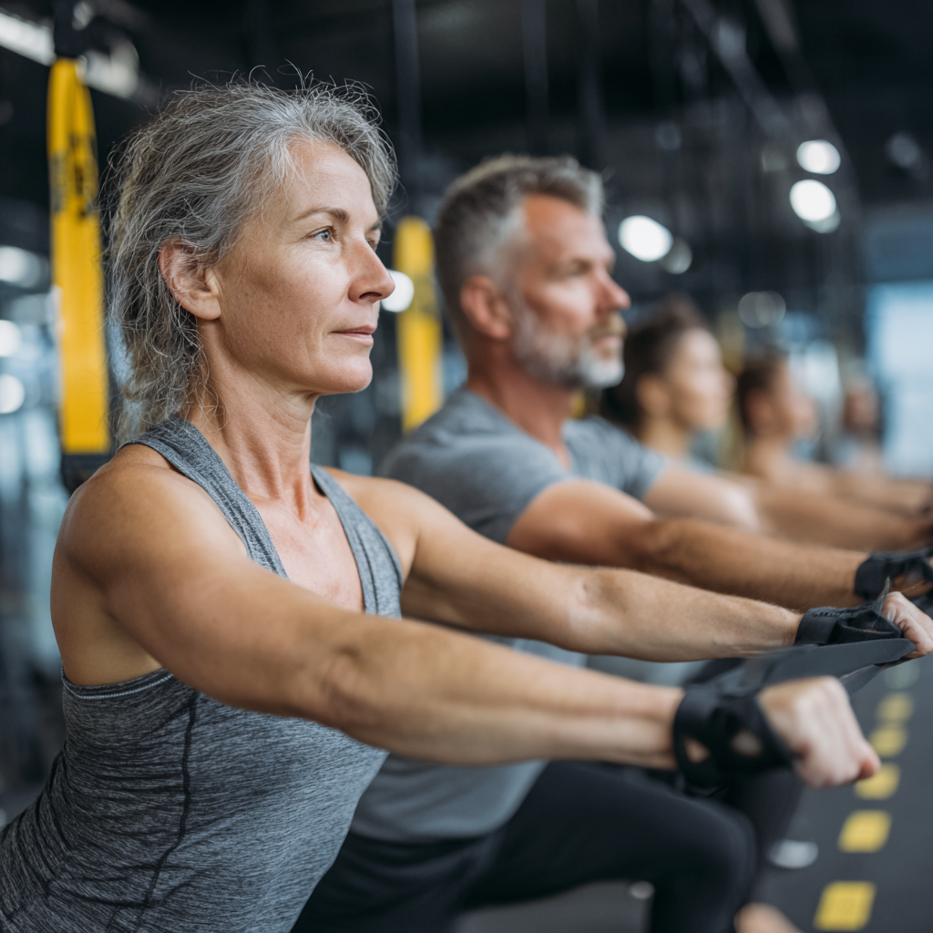 Mature Ukrainian adults performing core strengthening exercises with resistance bands and stability balls in a peaceful studio environment